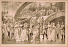 [women In Ball Gowns And Men In Military Uniforms Observing Embracing Couple At Foot Of Staircase] Image