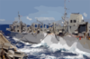 Waves Crash Between Ships As The Fast Combat Support Ship Uss Sacramento (aoe 1) Transfers Fuel And Cargo To The Aircraft Carrier Uss Carl Vinson During An Underway Replenishment. Clip Art