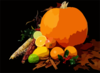 Still Life Picture Of A Pumpkin And Other Various Fruit On Black Background Clip Art