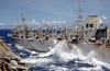 Waves Crash Between Ships As The Fast Combat Support Ship Uss Sacramento (aoe 1) Transfers Fuel And Cargo To The Aircraft Carrier Uss Carl Vinson During An Underway Replenishment. Image