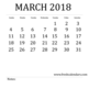 Free Printable Template March Calendar Bold Style Image