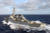 The Guided Missile Cruiser Curtis Wilbur Breaks Away After Completing A Replenishment At Sea (ras) With The Aircraft Carrier Uss Kitty Hawk (cv 63) Image